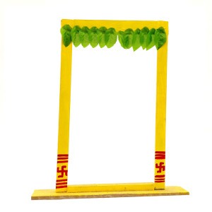 Mini Wooden Wedding Mandap Frame with Mango Leaves & Swastik Design – Decorative Doll Backdrop